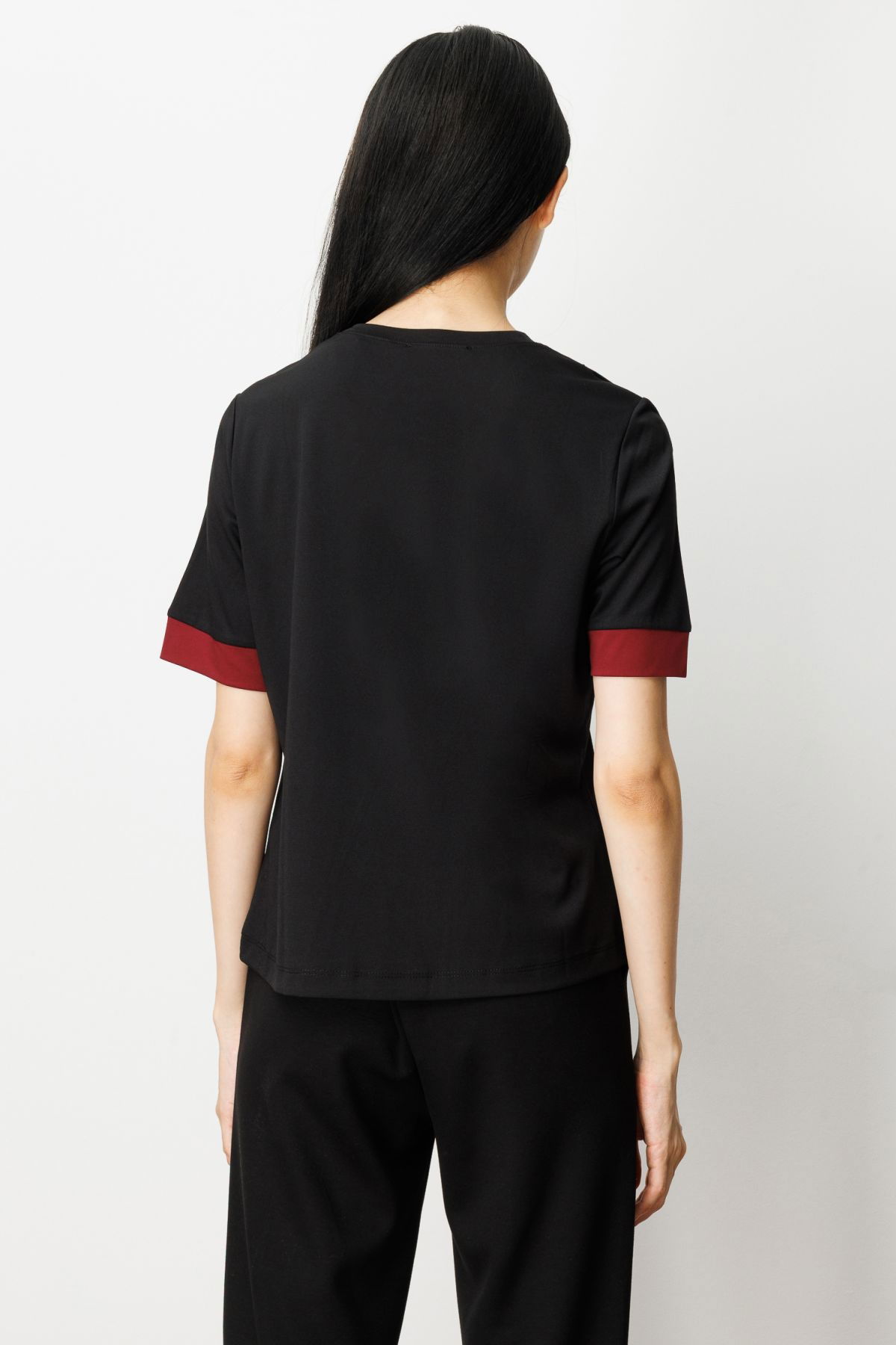 On Kadın Önü Taşlı Sıfır Yaka Bluz 61331 Siyah-Bordo - 4