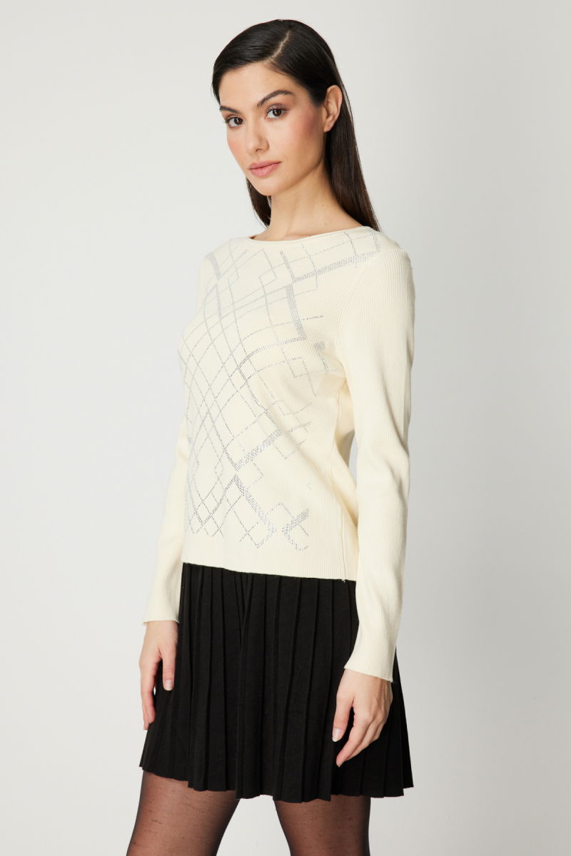 On Kadın Önü Taşlı Sıfır Yaka Triko Kazak 60353 Ekru - 2