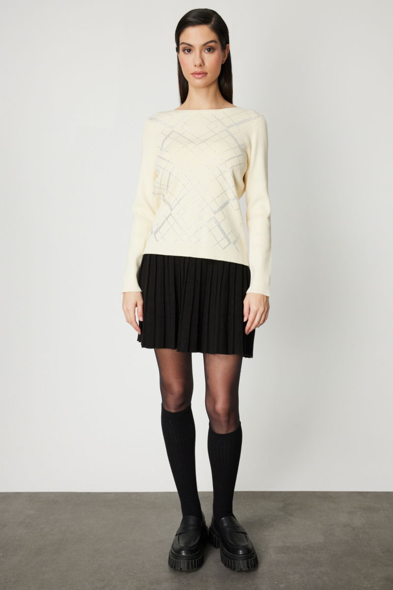 On Kadın Önü Taşlı Sıfır Yaka Triko Kazak 60353 Ekru - 3