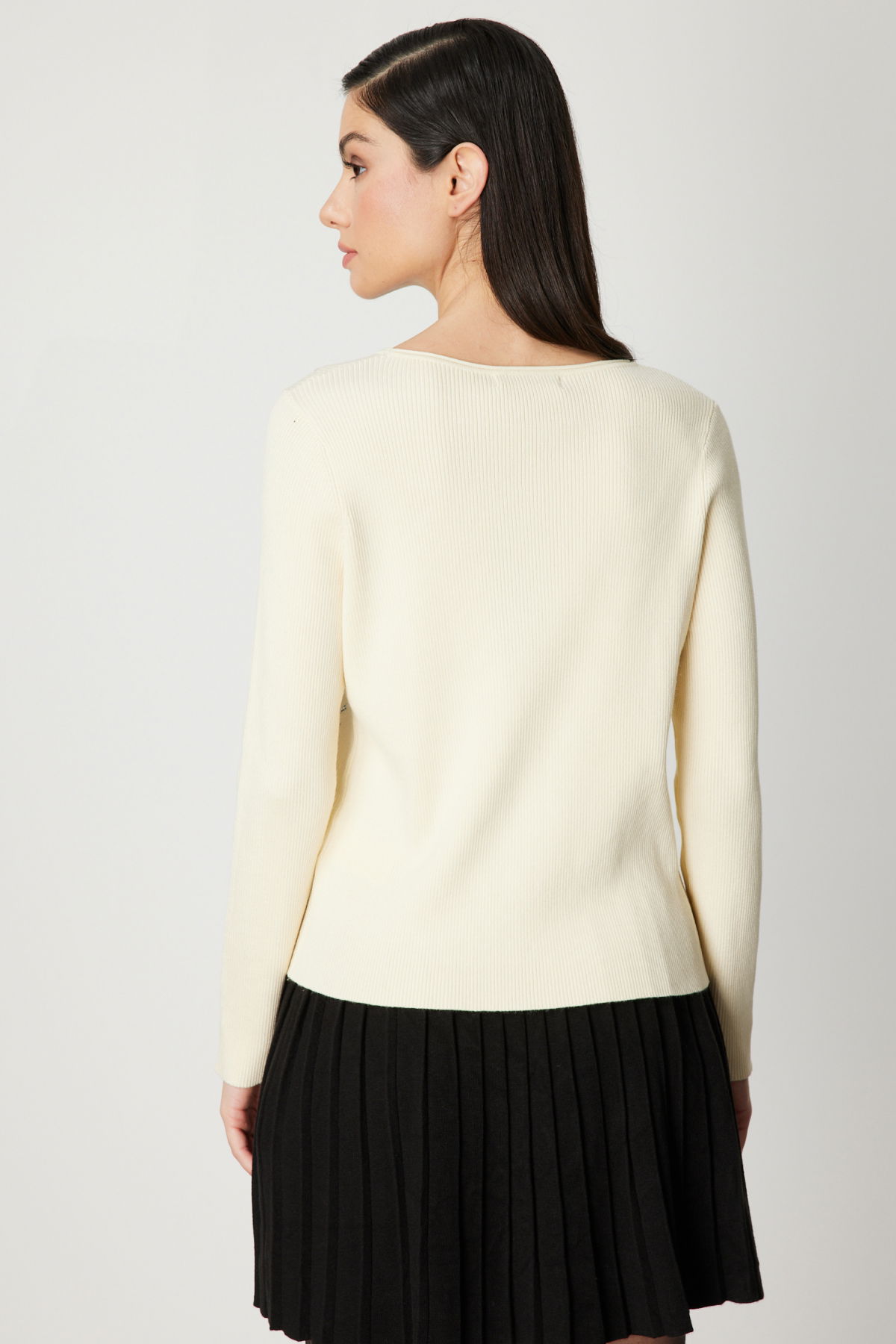 On Kadın Önü Taşlı Sıfır Yaka Triko Kazak 60353 Ekru - 4