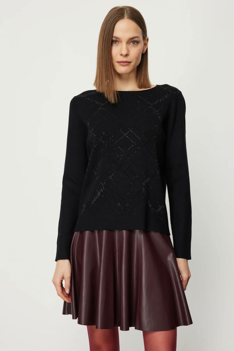 On Kadın Önü Taşlı Sıfır Yaka Triko Kazak 60353 Siyah - On