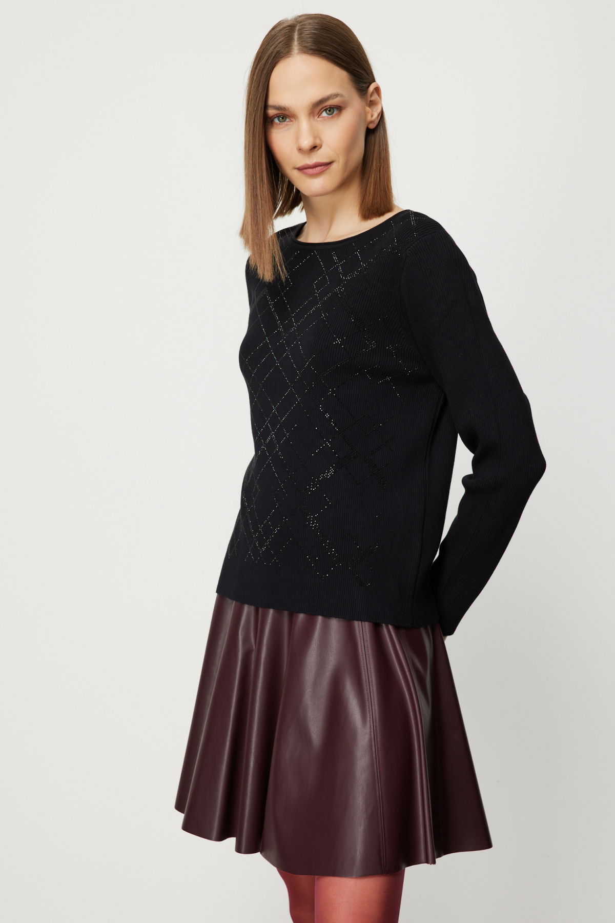 On Kadın Önü Taşlı Sıfır Yaka Triko Kazak 60353 Siyah - 2