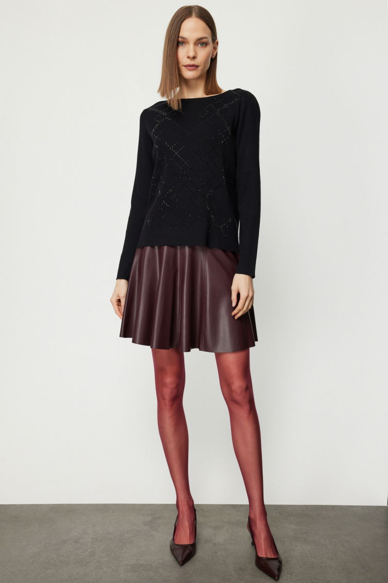 On Kadın Önü Taşlı Sıfır Yaka Triko Kazak 60353 Siyah - 3