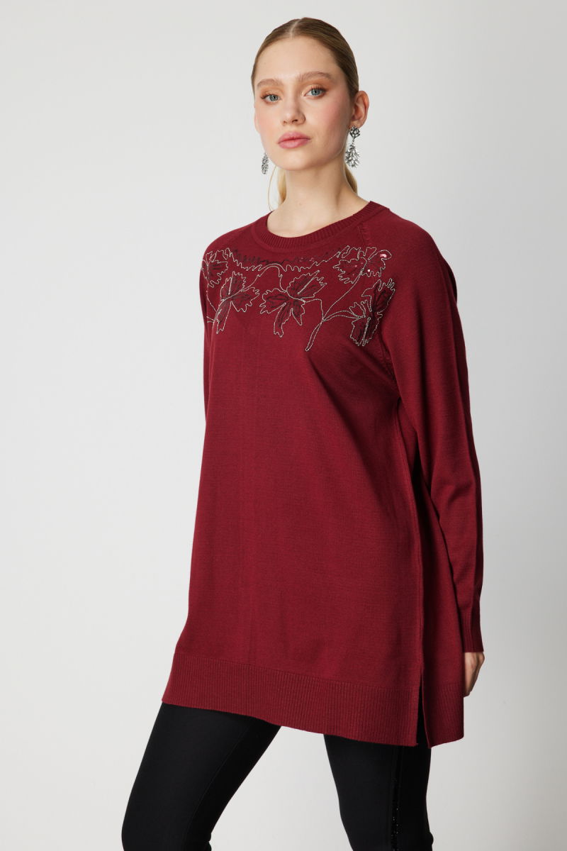 On Kadın Önü Zincirli Desenli Uzun Triko Kazak 65387 Bordo - 2