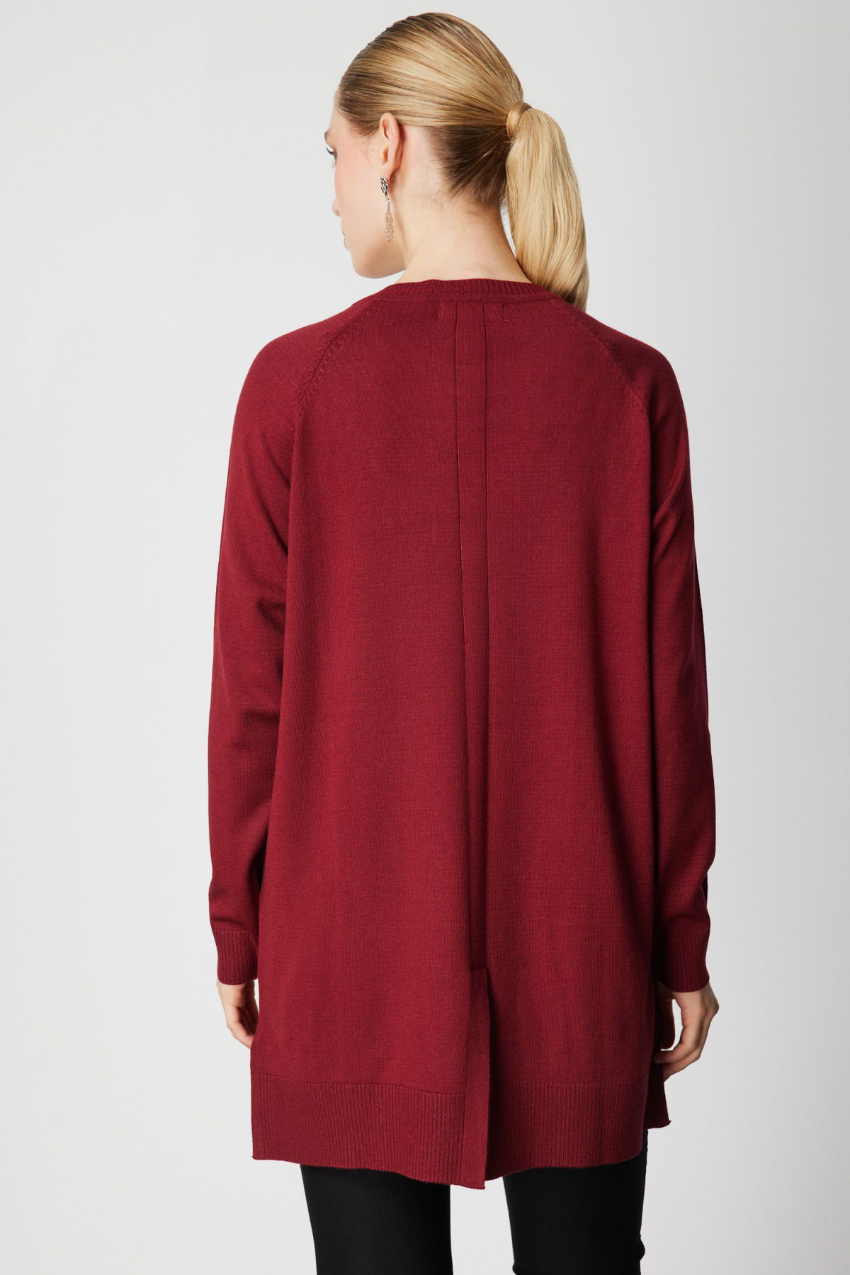 On Kadın Önü Zincirli Desenli Uzun Triko Kazak 65387 Bordo - 4