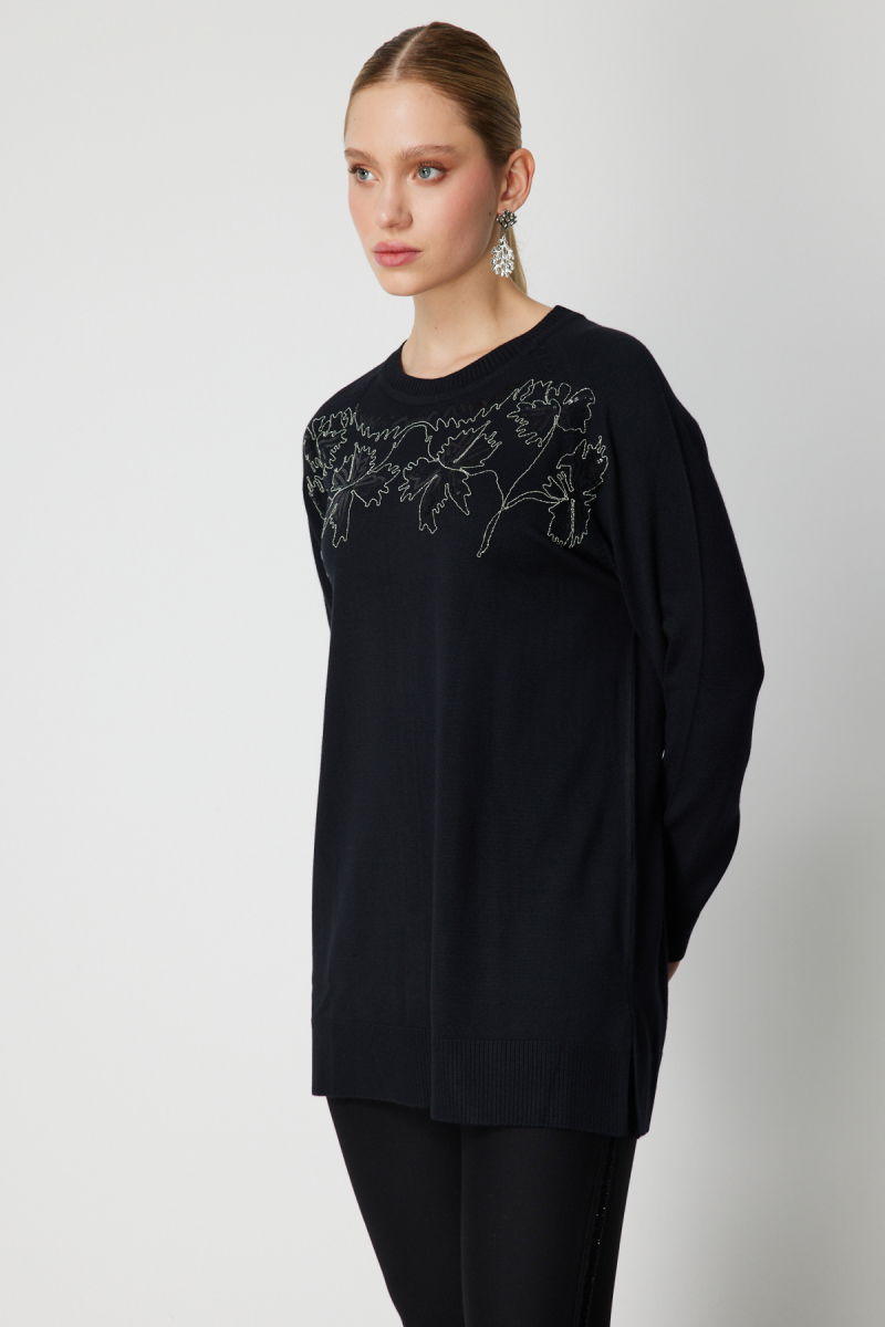 On Kadın Önü Zincirli Desenli Uzun Triko Kazak 65387 Siyah - 2