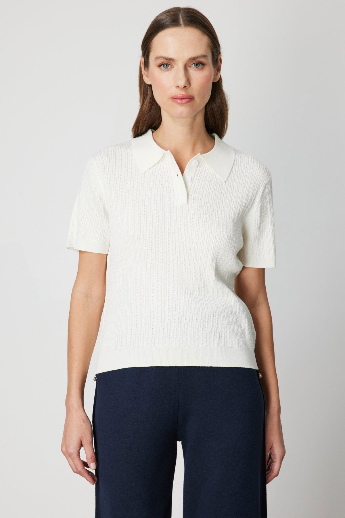 On Kadın Örgülü Kısa Kollu Triko Kazak 60314 Ekru - 1