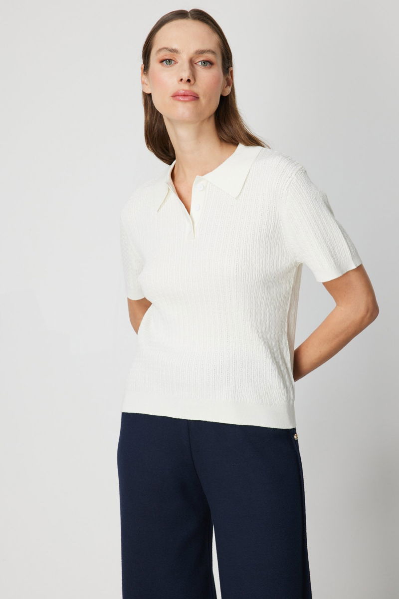 On Kadın Örgülü Kısa Kollu Triko Kazak 60314 Ekru - 2