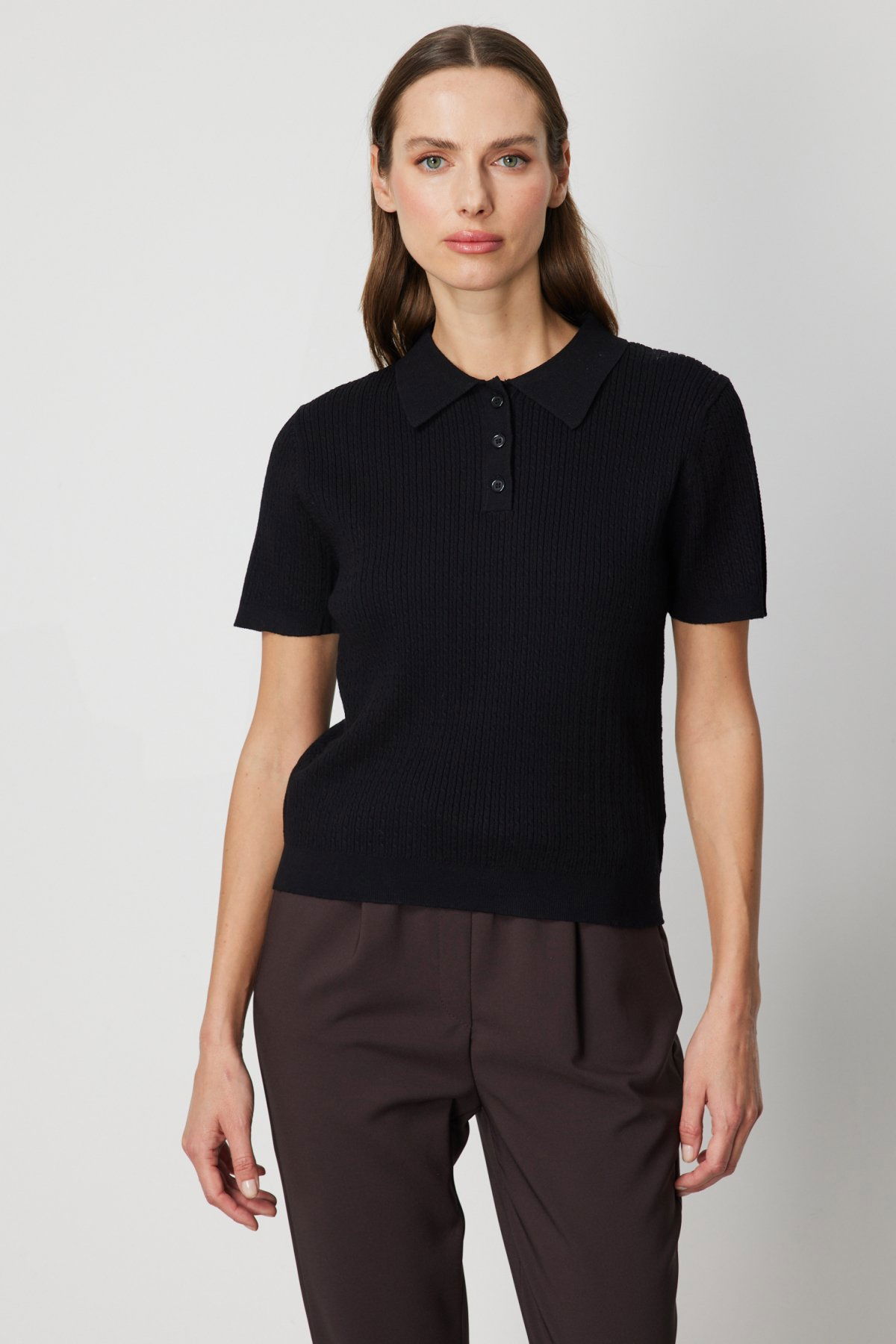 On Kadın Örgülü Kısa Kollu Triko Kazak 60314 Siyah - 1