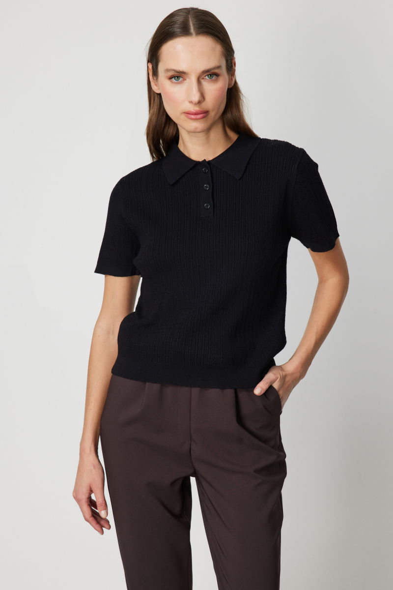 On Kadın Örgülü Kısa Kollu Triko Kazak 60314 Siyah - 2