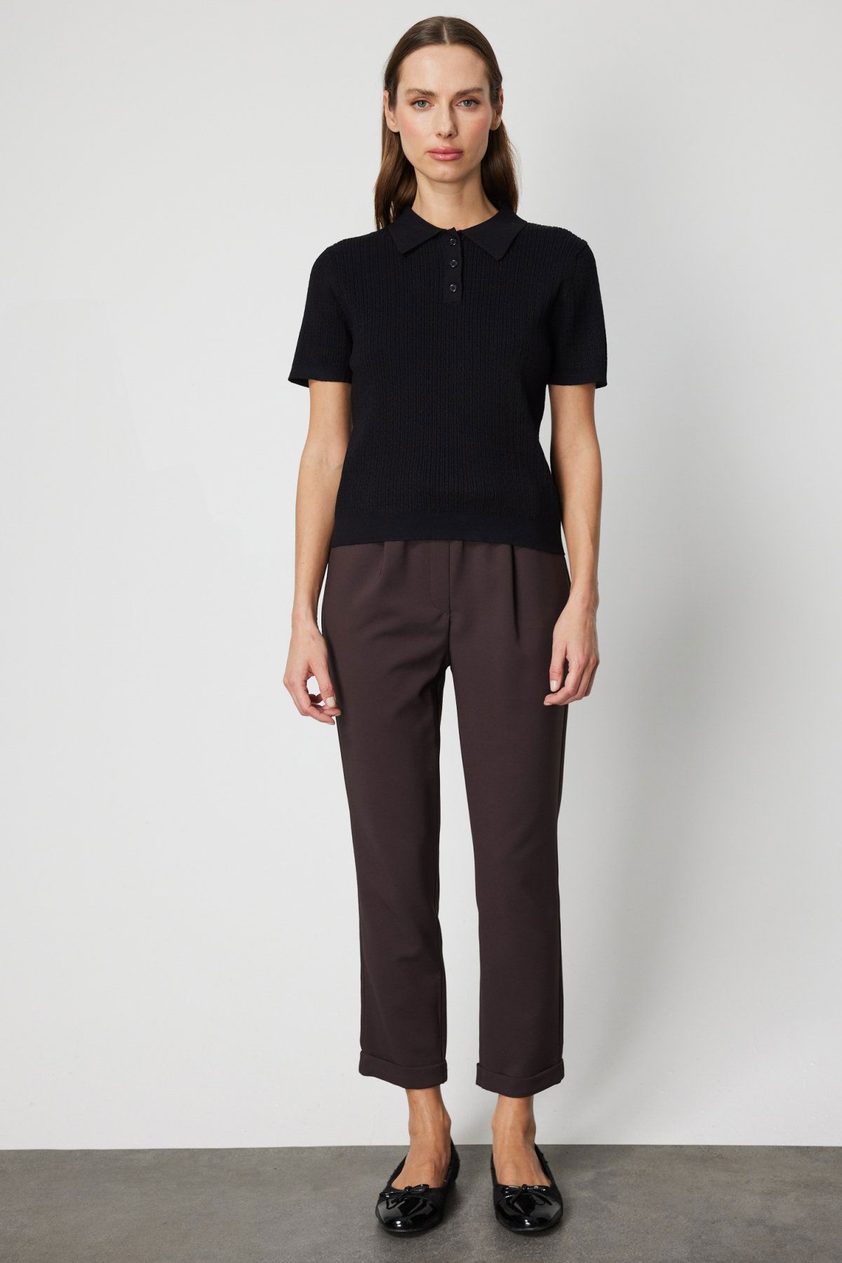 On Kadın Örgülü Kısa Kollu Triko Kazak 60314 Siyah - 3