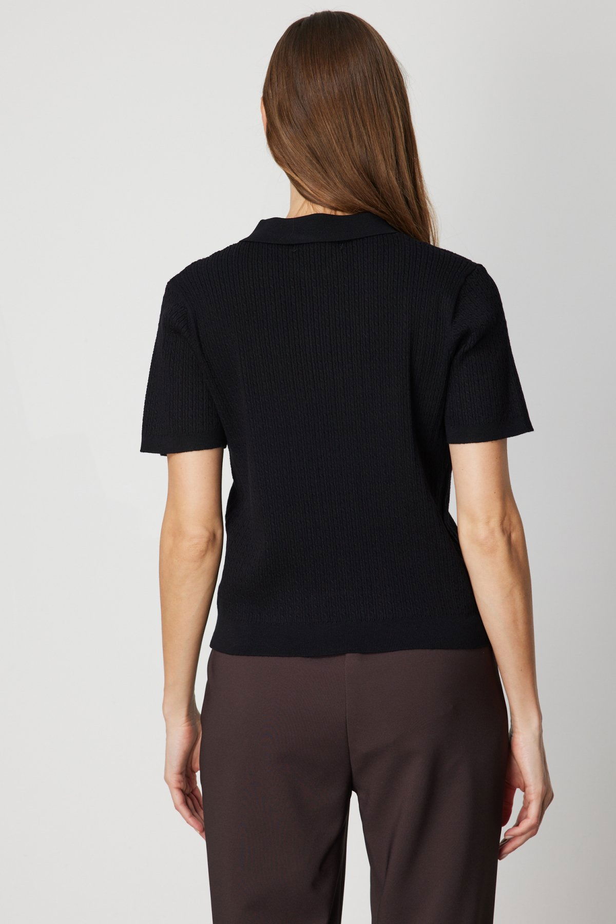 On Kadın Örgülü Kısa Kollu Triko Kazak 60314 Siyah - 4