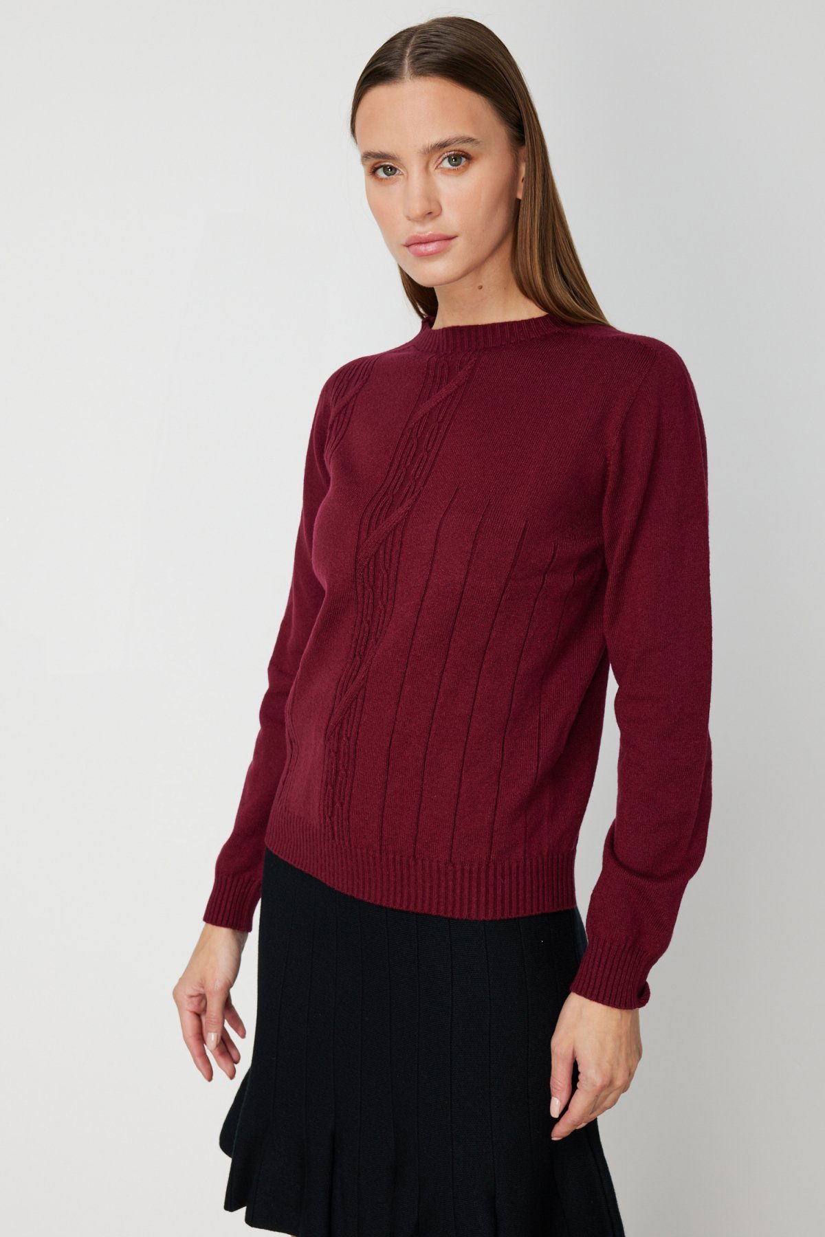 On Kadın Örgülü Sıfır Yaka Triko Kazak 69313 Bordo - 1