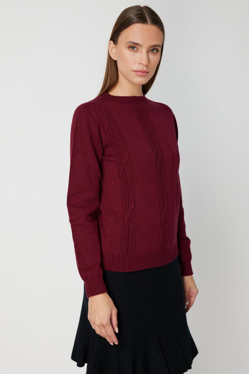 On Kadın Örgülü Sıfır Yaka Triko Kazak 69313 Bordo - 2