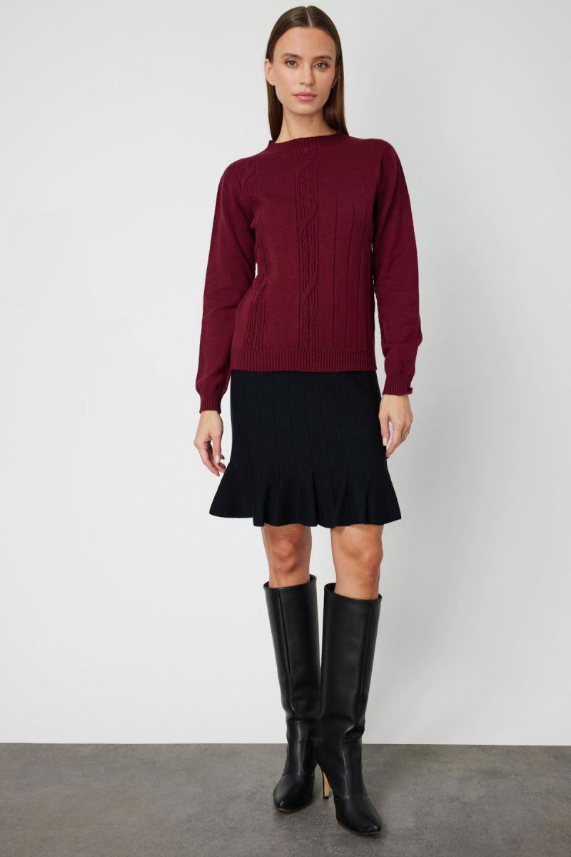 On Kadın Örgülü Sıfır Yaka Triko Kazak 69313 Bordo - 3