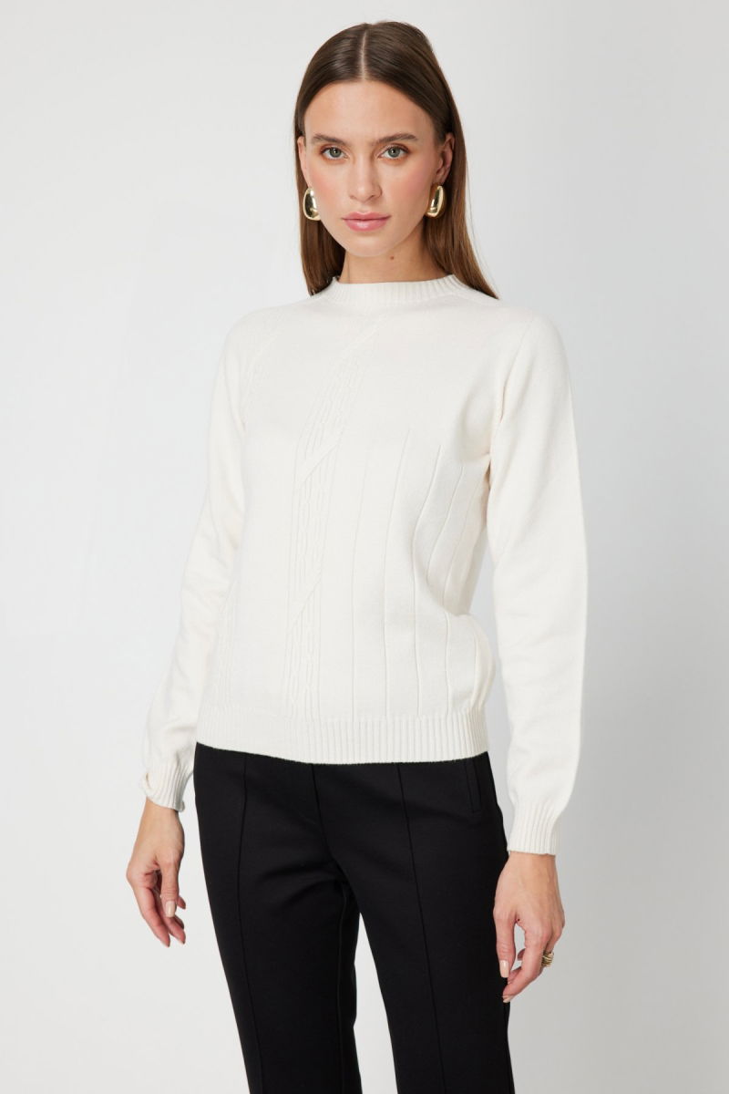 On Kadın Örgülü Sıfır Yaka Triko Kazak 69313 Ekru - On