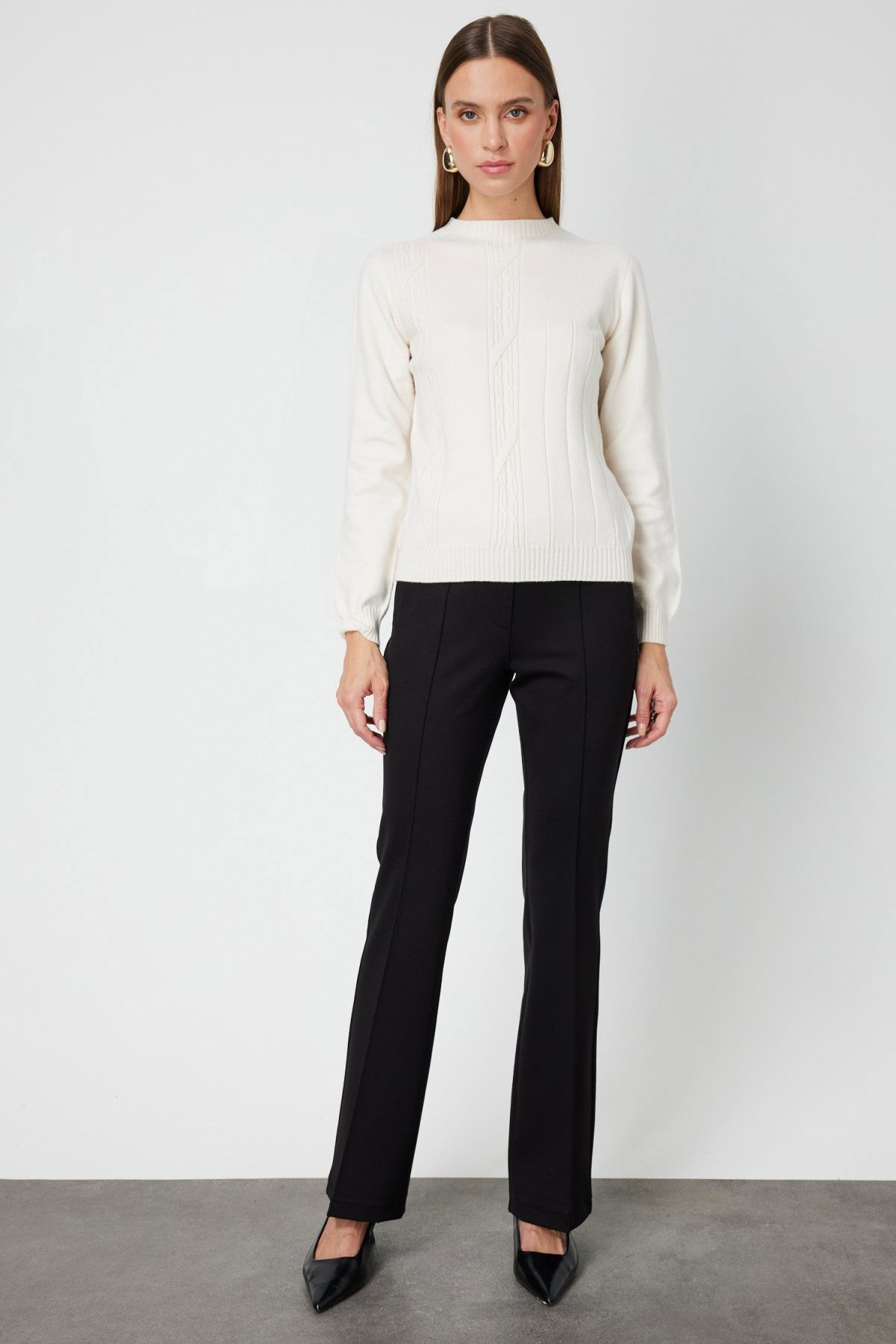 On Kadın Örgülü Sıfır Yaka Triko Kazak 69313 Ekru - 3