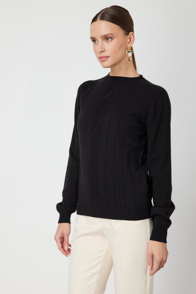 On Kadın Örgülü Sıfır Yaka Triko Kazak 69313 Siyah - On