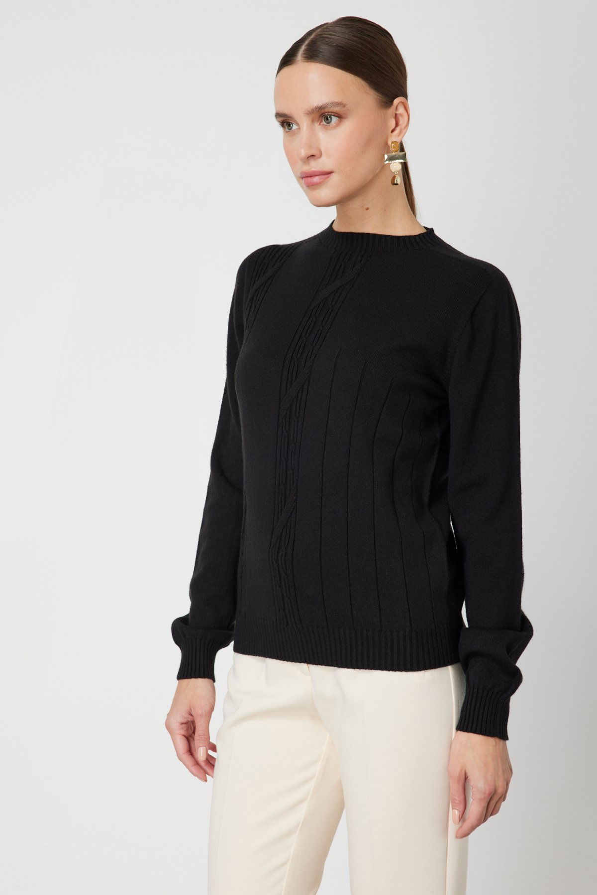 On Kadın Örgülü Sıfır Yaka Triko Kazak 69313 Siyah - 1