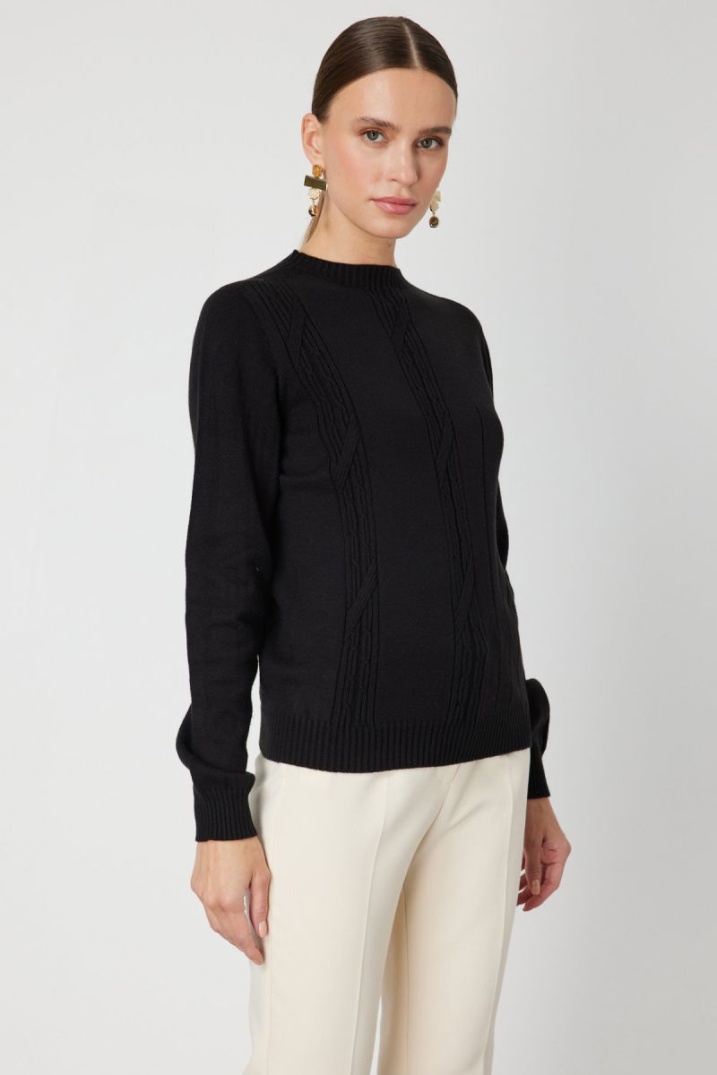 On Kadın Örgülü Sıfır Yaka Triko Kazak 69313 Siyah - 2