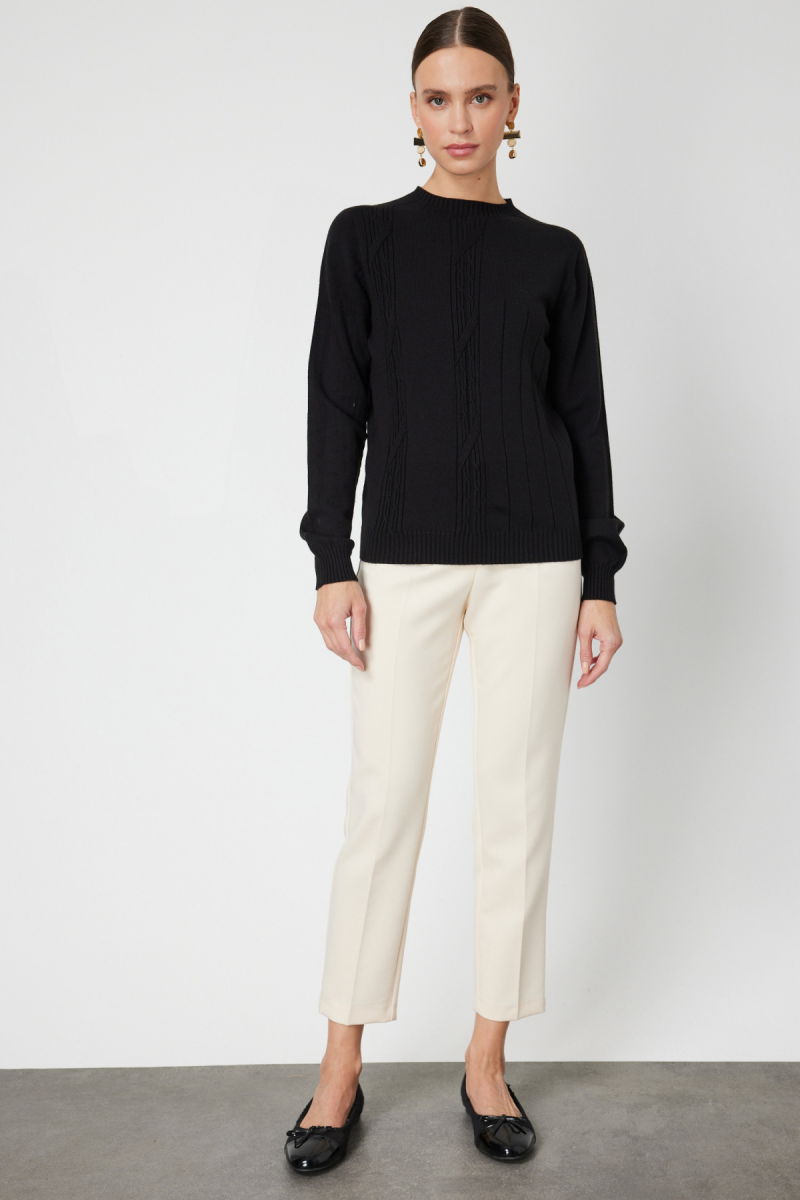 On Kadın Örgülü Sıfır Yaka Triko Kazak 69313 Siyah - 3