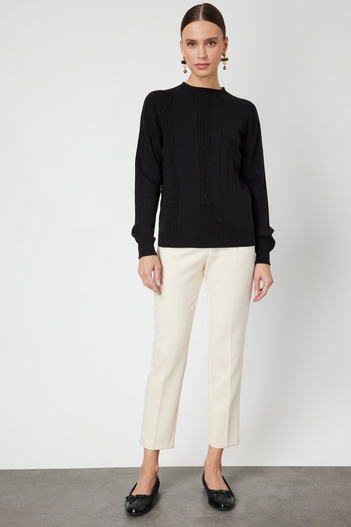 On Kadın Örgülü Sıfır Yaka Triko Kazak 69313 Siyah - 3