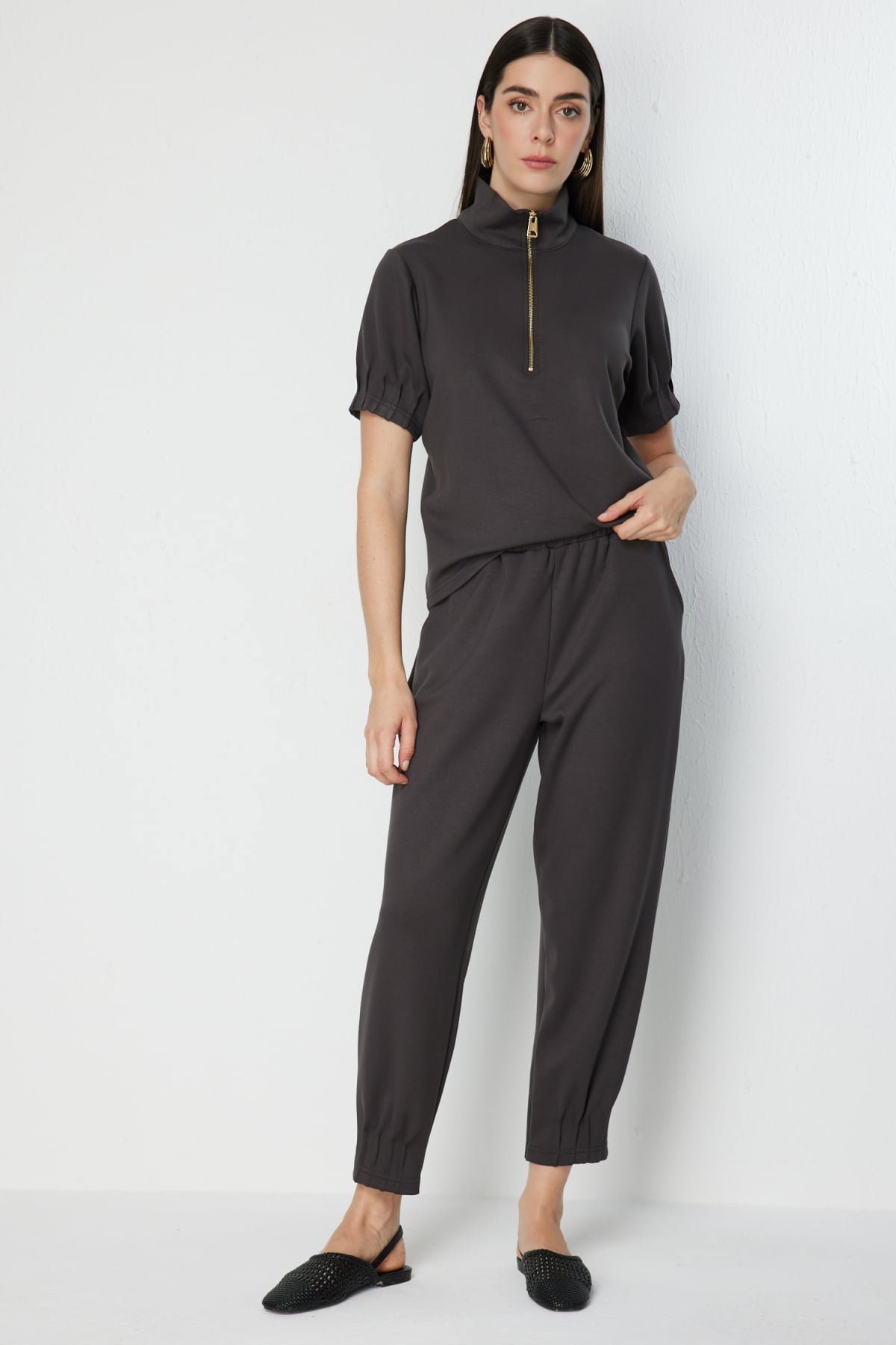On Kadın Paçası Dikişli Yan Cepli Eşofman Altı 76374 Kahverengi - 2