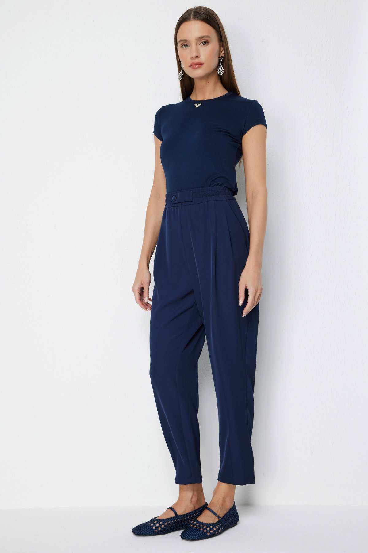 On Kadın Paçası Pileli Yan Cepli Pantolon 78105 Lacivert - 1