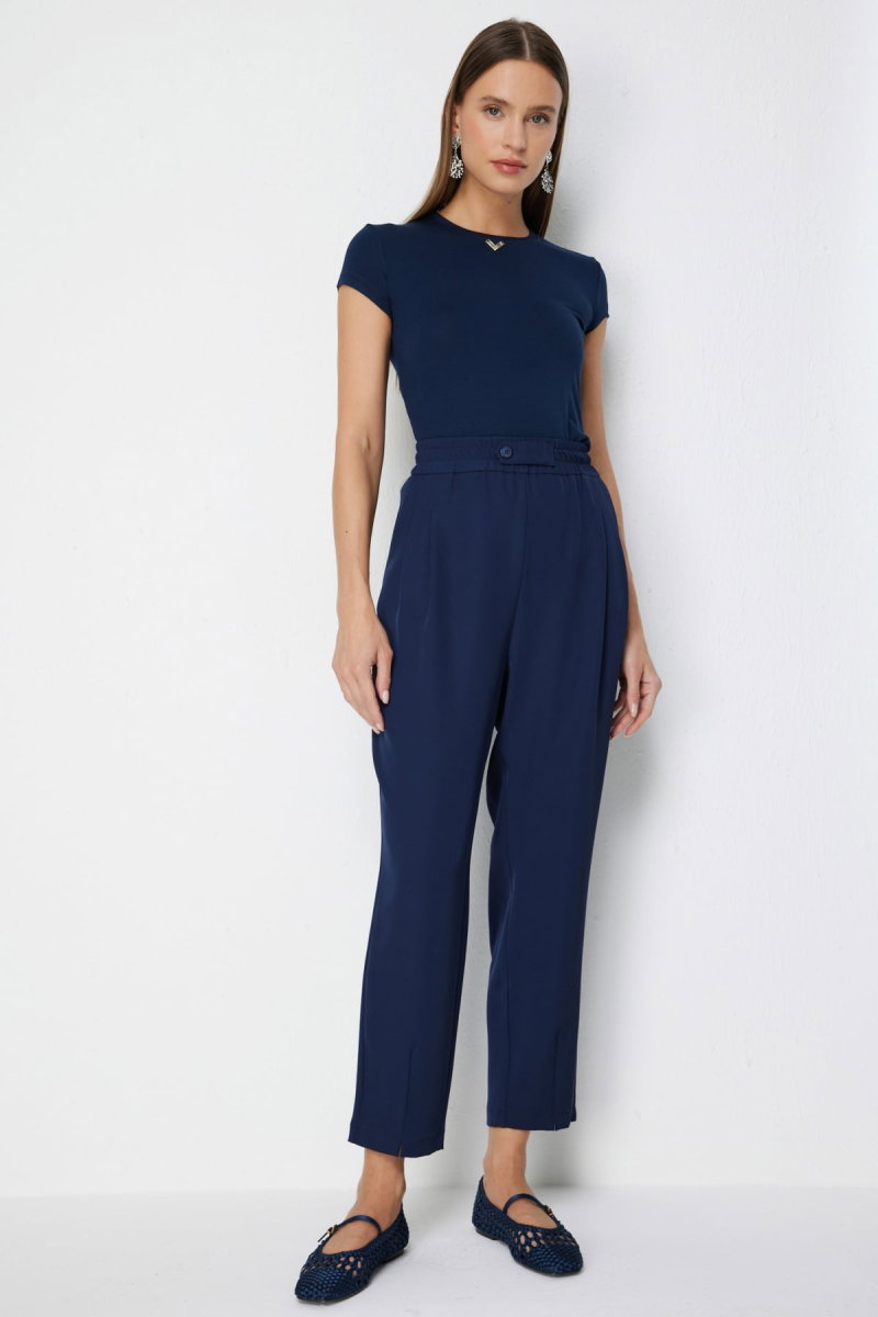 On Kadın Paçası Pileli Yan Cepli Pantolon 78105 Lacivert - 2