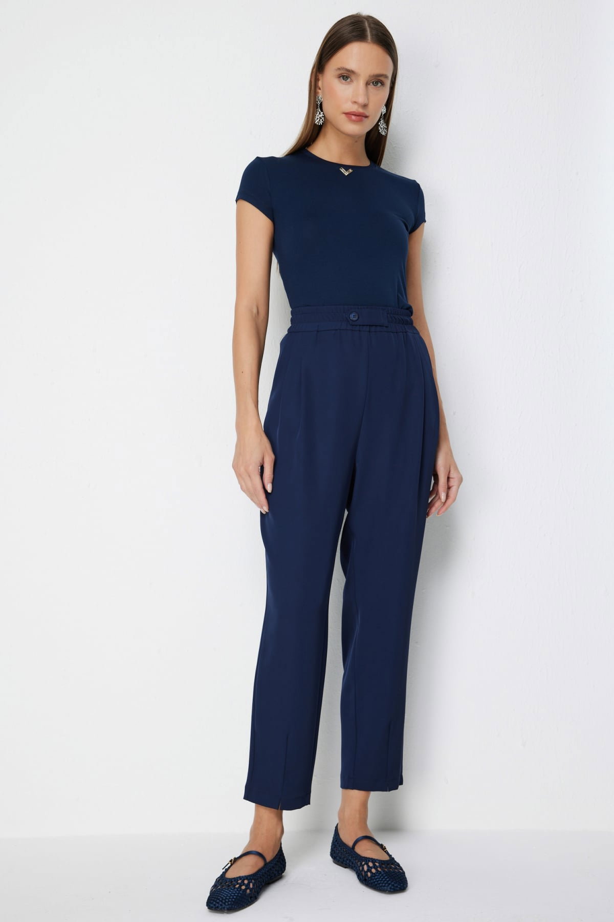 On Kadın Paçası Pileli Yan Cepli Pantolon 78105 Lacivert - 2