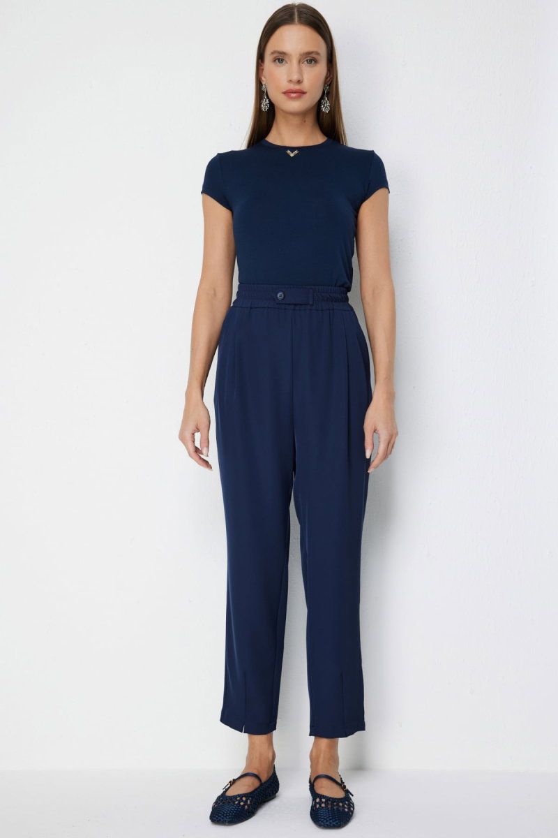 On Kadın Paçası Pileli Yan Cepli Pantolon 78105 Lacivert - 3