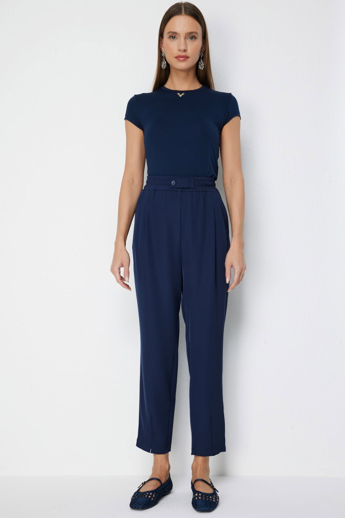 On Kadın Paçası Pileli Yan Cepli Pantolon 78105 Lacivert - 3