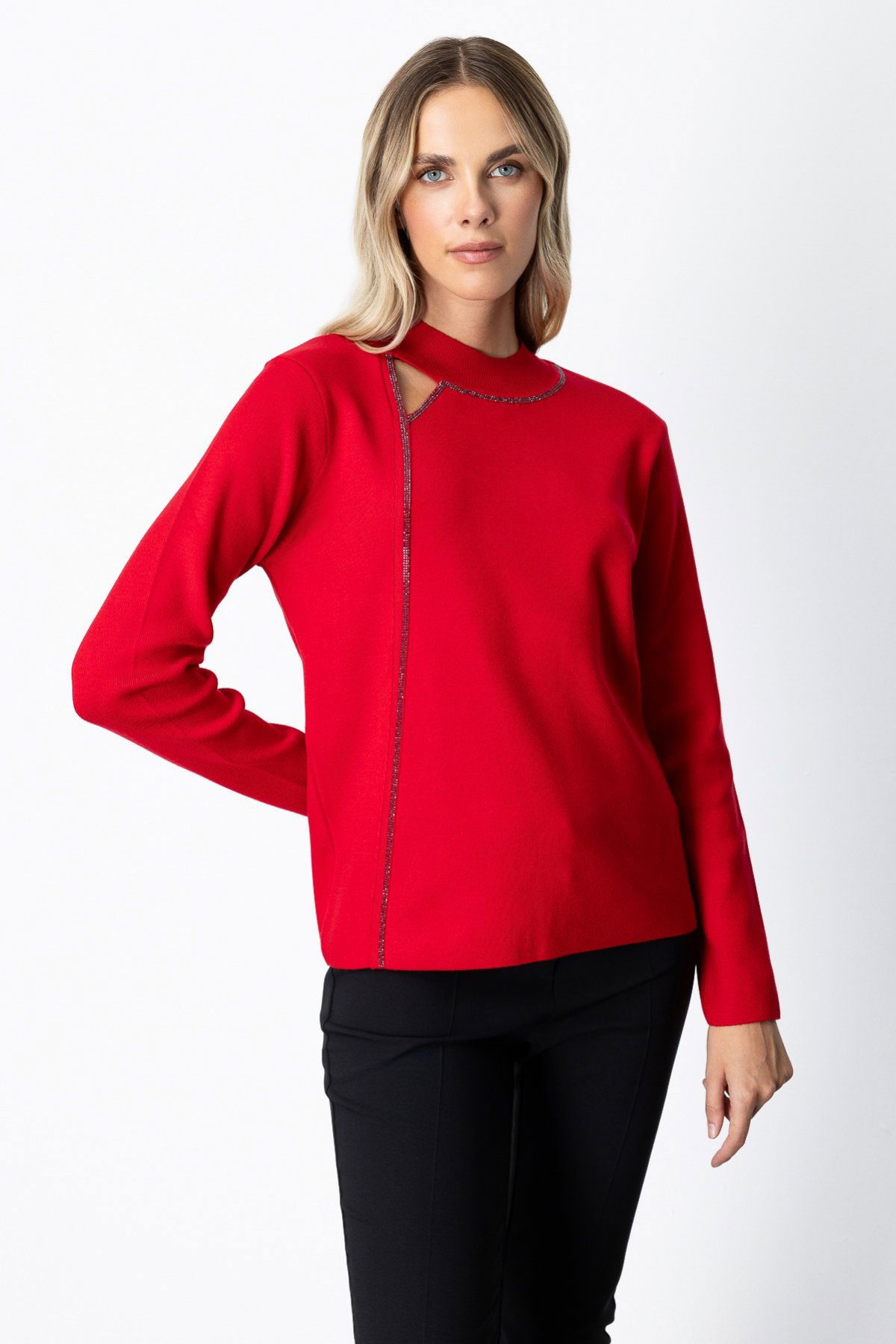 On Kadın Pencere Detaylı Taşlı Kazak 65372 Kırmızı - 1