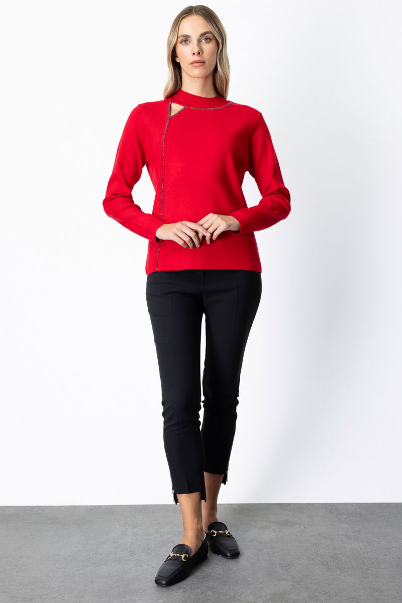 On Kadın Pencere Detaylı Taşlı Kazak 65372 Kırmızı - 3