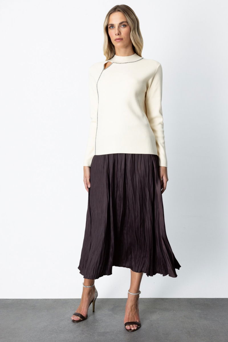 On Kadın Pencere Detaylı Taşlı Kazak 65372 Krem - 3