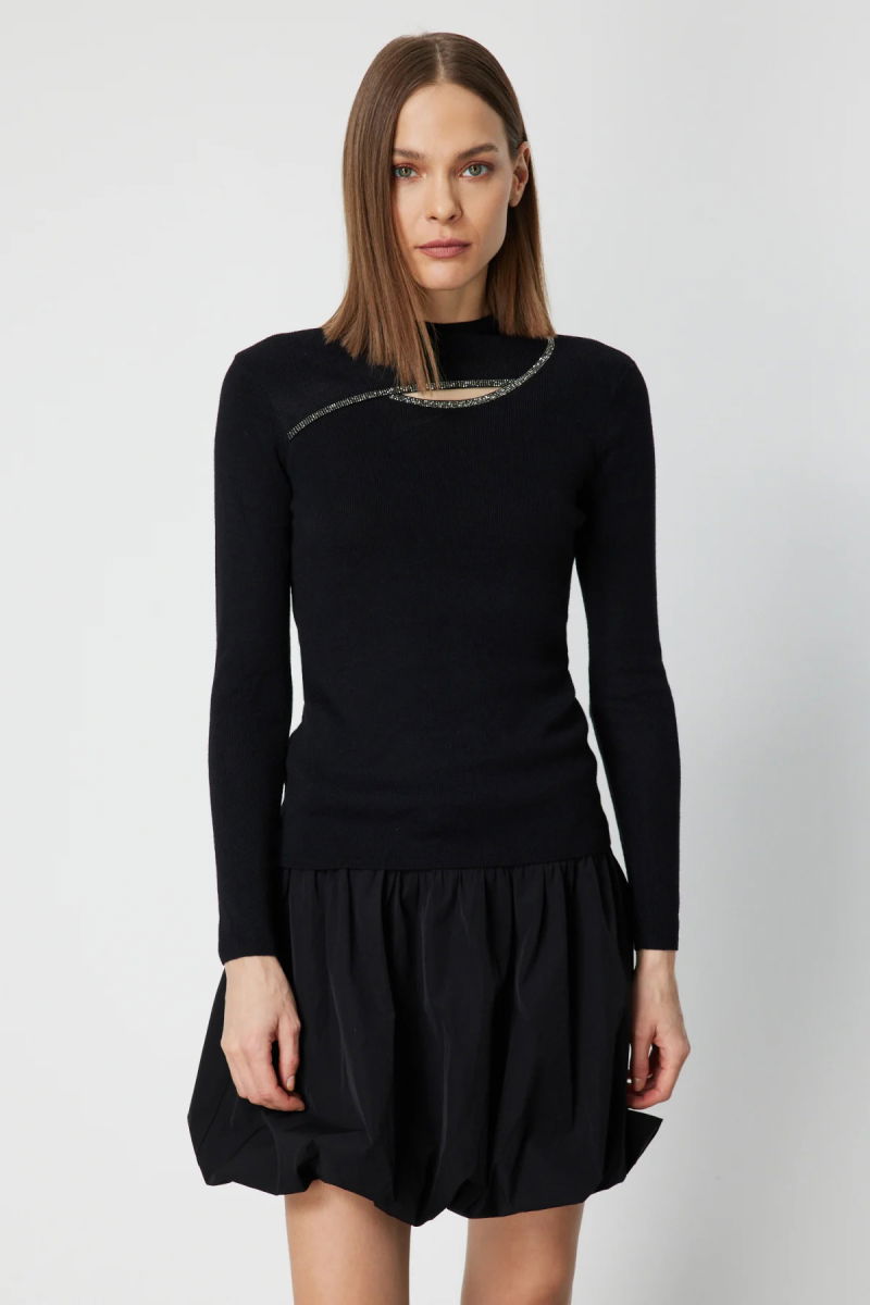 On Kadın Pencere Detaylı Taşlı Triko Kazak 60397 Siyah - On