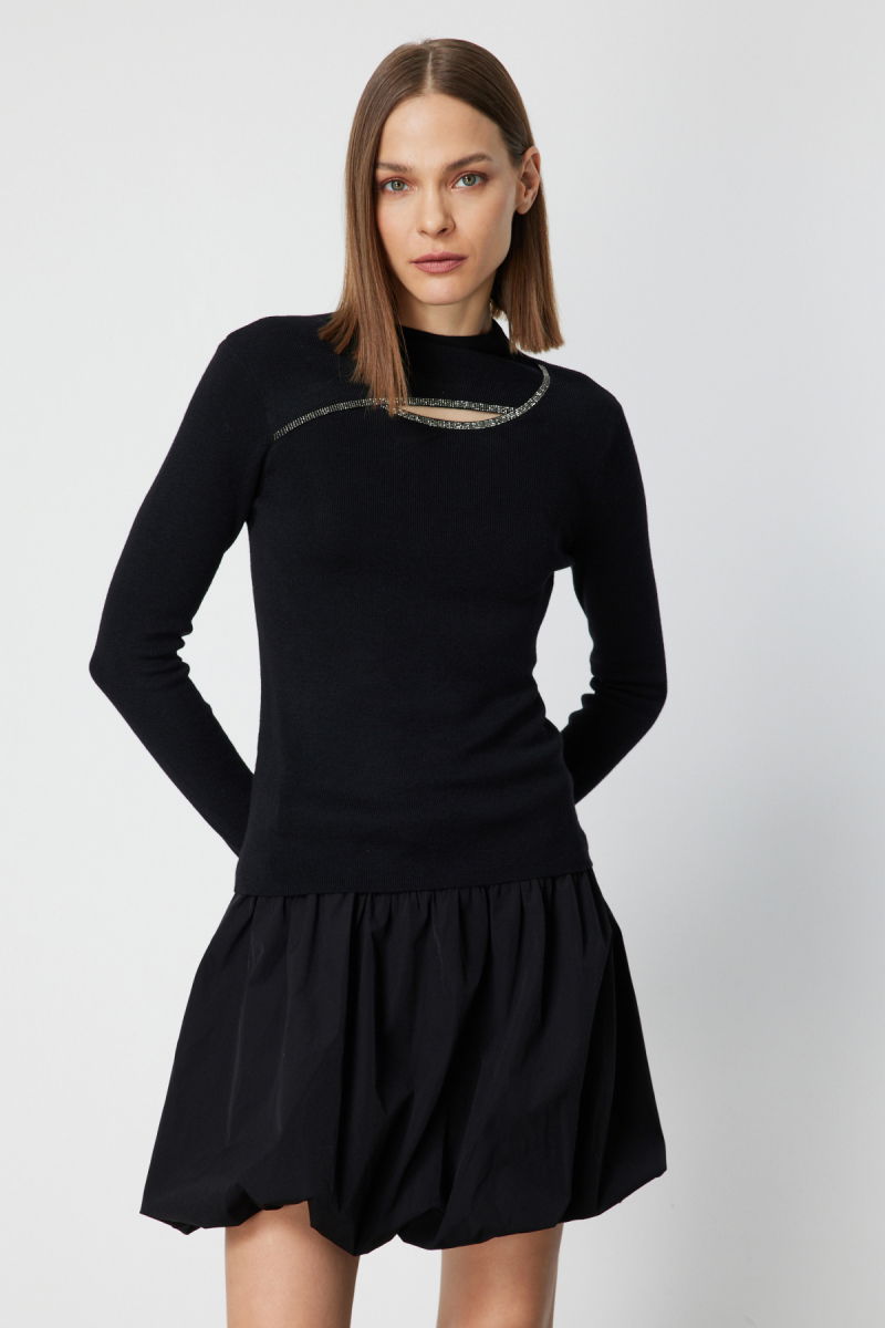 On Kadın Pencere Detaylı Taşlı Triko Kazak 60397 Siyah - 2