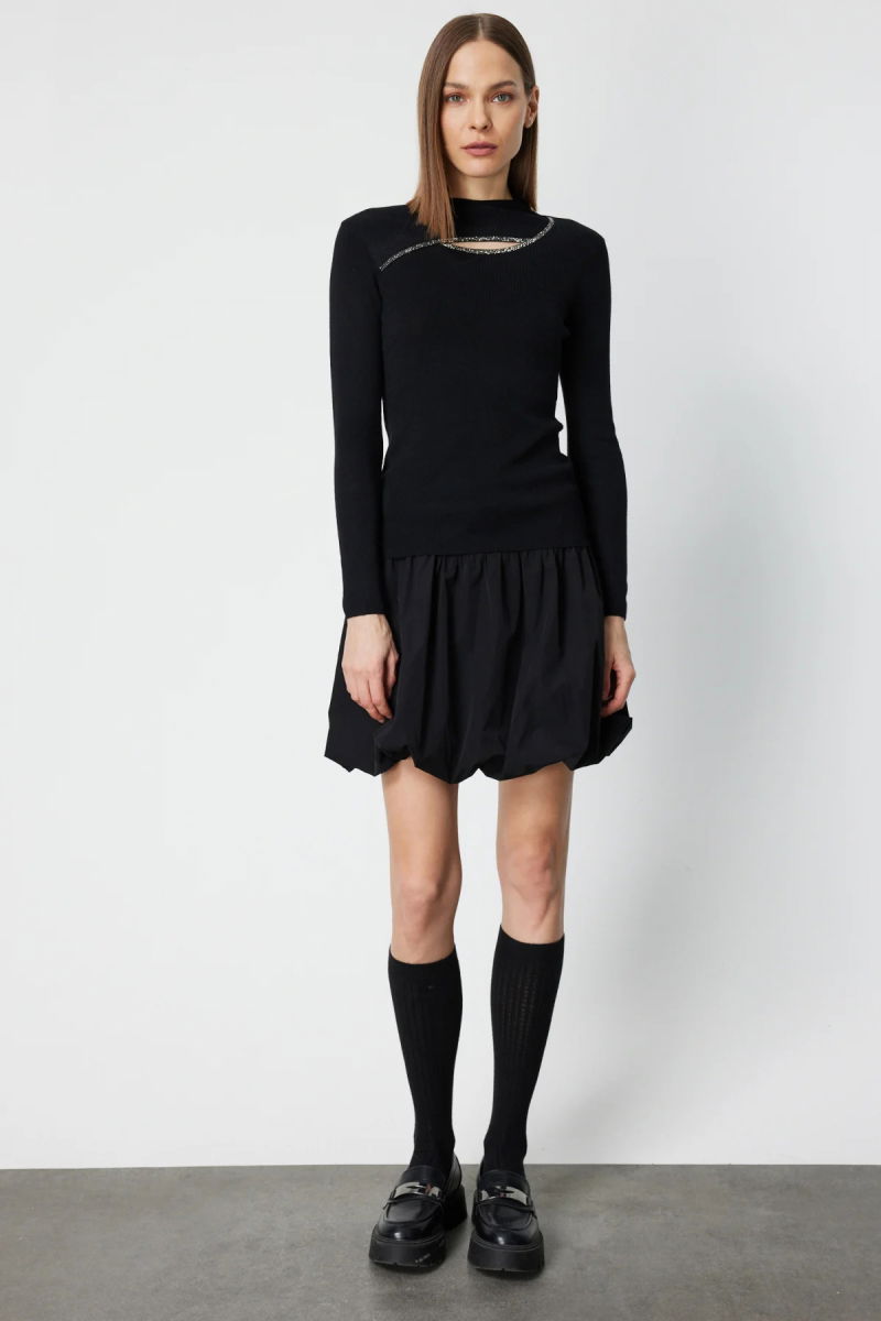 On Kadın Pencere Detaylı Taşlı Triko Kazak 60397 Siyah - 3