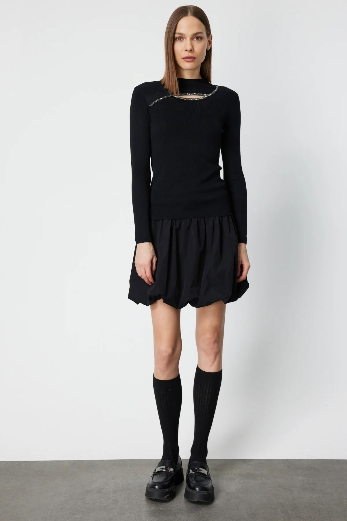 On Kadın Pencere Detaylı Taşlı Triko Kazak 60397 Siyah - 3