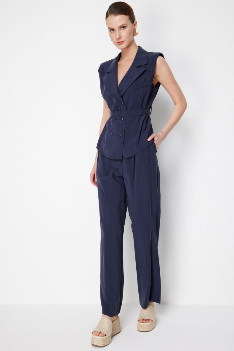 On Kadın Pile Detaylı Bol Paça Pantolon 74909 Indigo - 2