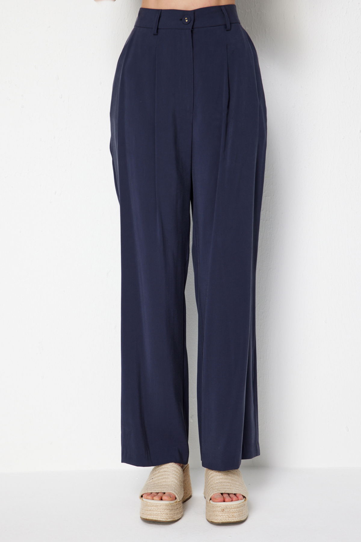 On Kadın Pile Detaylı Bol Paça Pantolon 74909 Indigo - 3