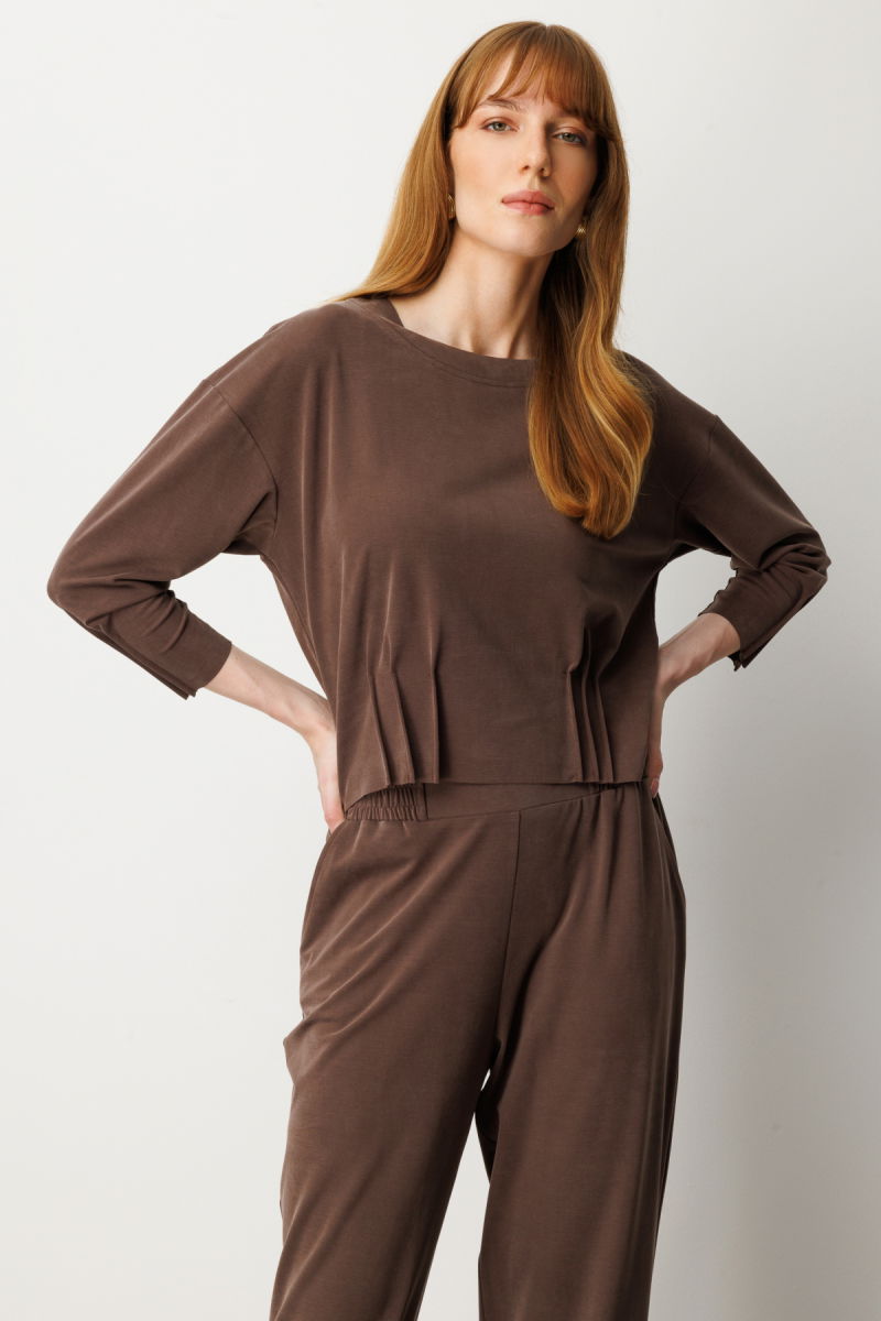 On Kadın Pile Detaylı Sıfır Yaka Bluz 64408 Kahverengi - 2