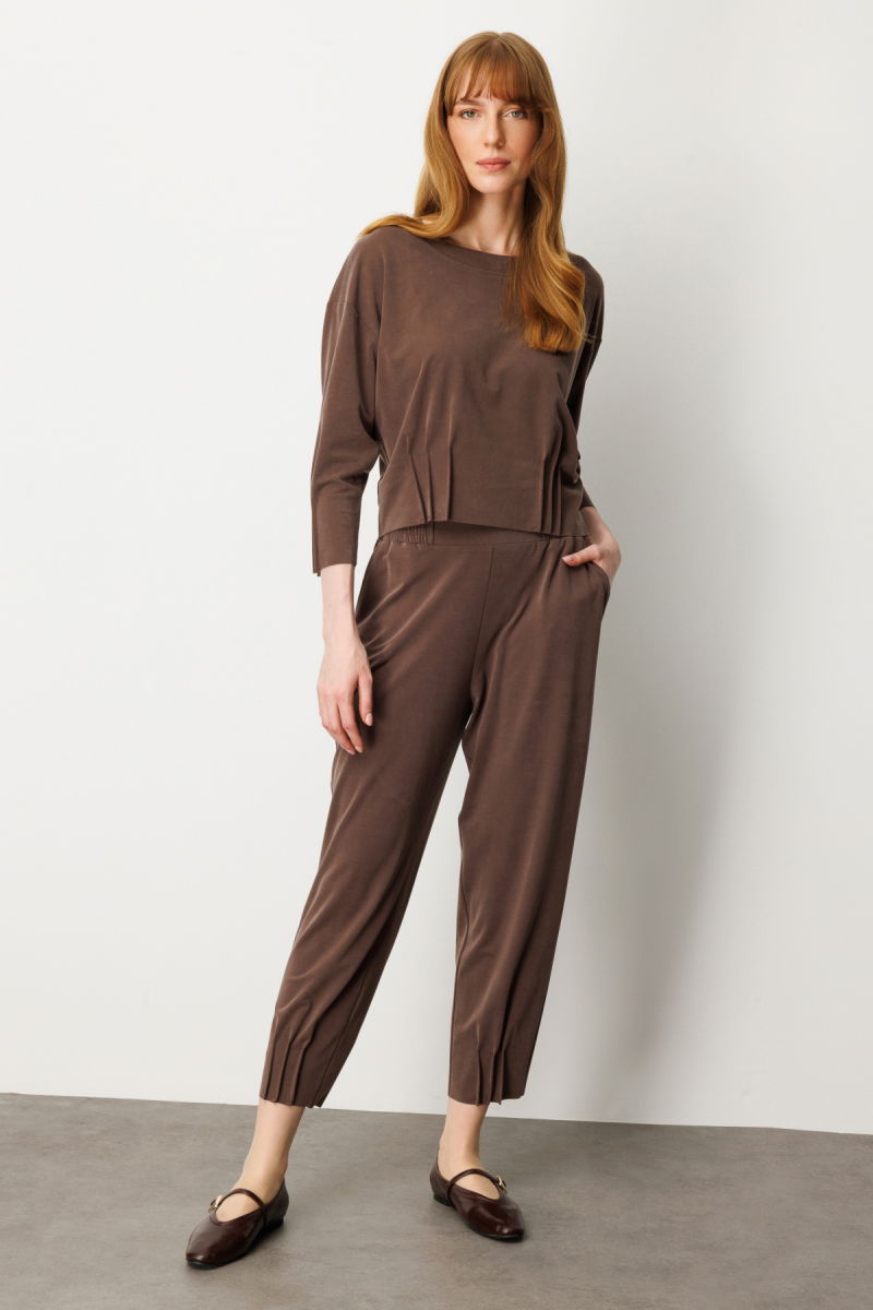 On Kadın Pile Detaylı Sıfır Yaka Bluz 64408 Kahverengi - 3