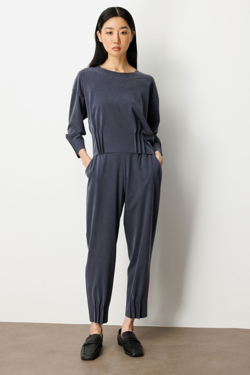 On Kadın Pile Detaylı Sıfır Yaka Bluz 64408 Lacivert - 3