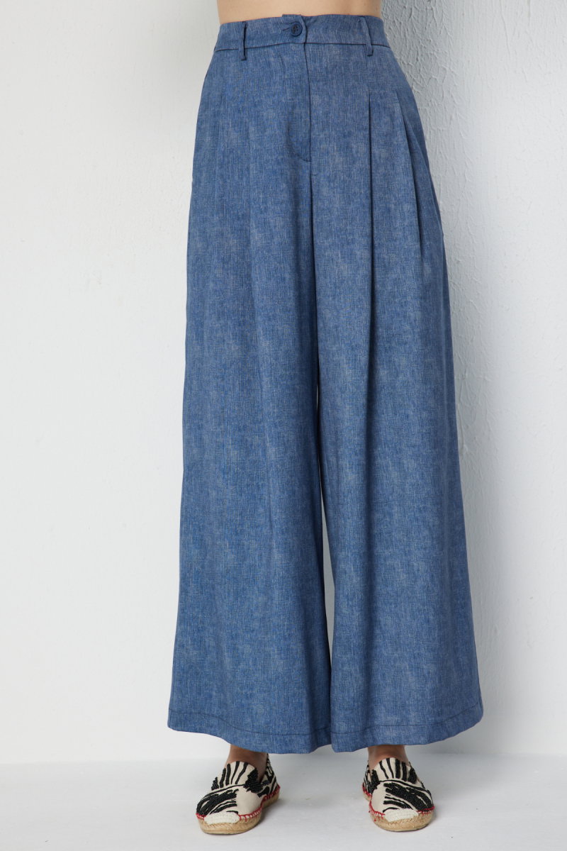 On Kadın Pileli Bol Paça Pantolon 72346 Indigo - 3