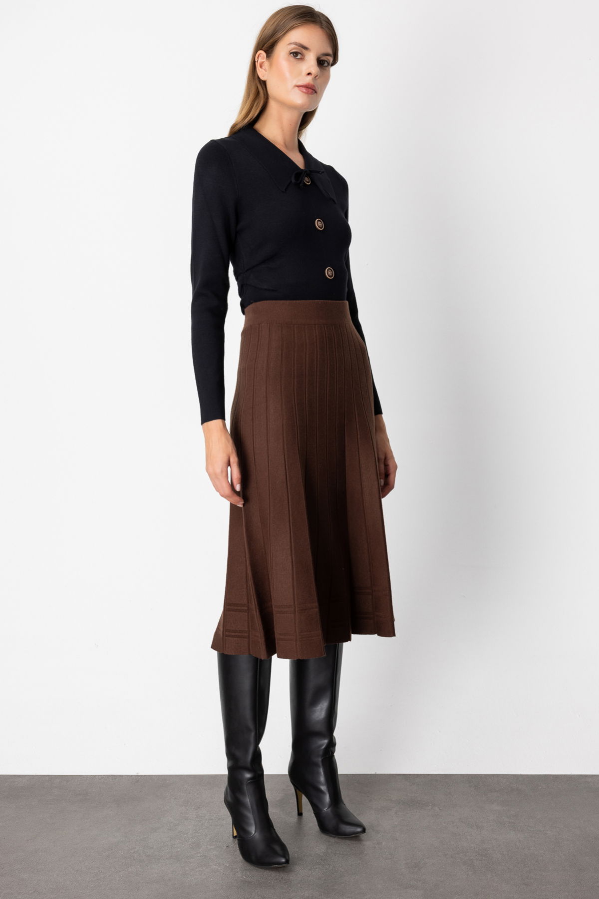 On Kadın Pileli Midi Boy Triko Etek 60201 Kahverengi - 2