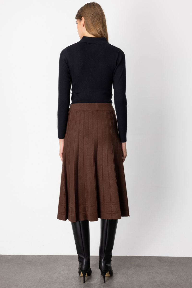 On Kadın Pileli Midi Boy Triko Etek 60201 Kahverengi - 4