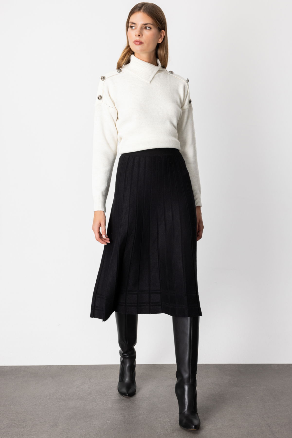 On Kadın Pileli Midi Boy Triko Etek 60201 Siyah - 1