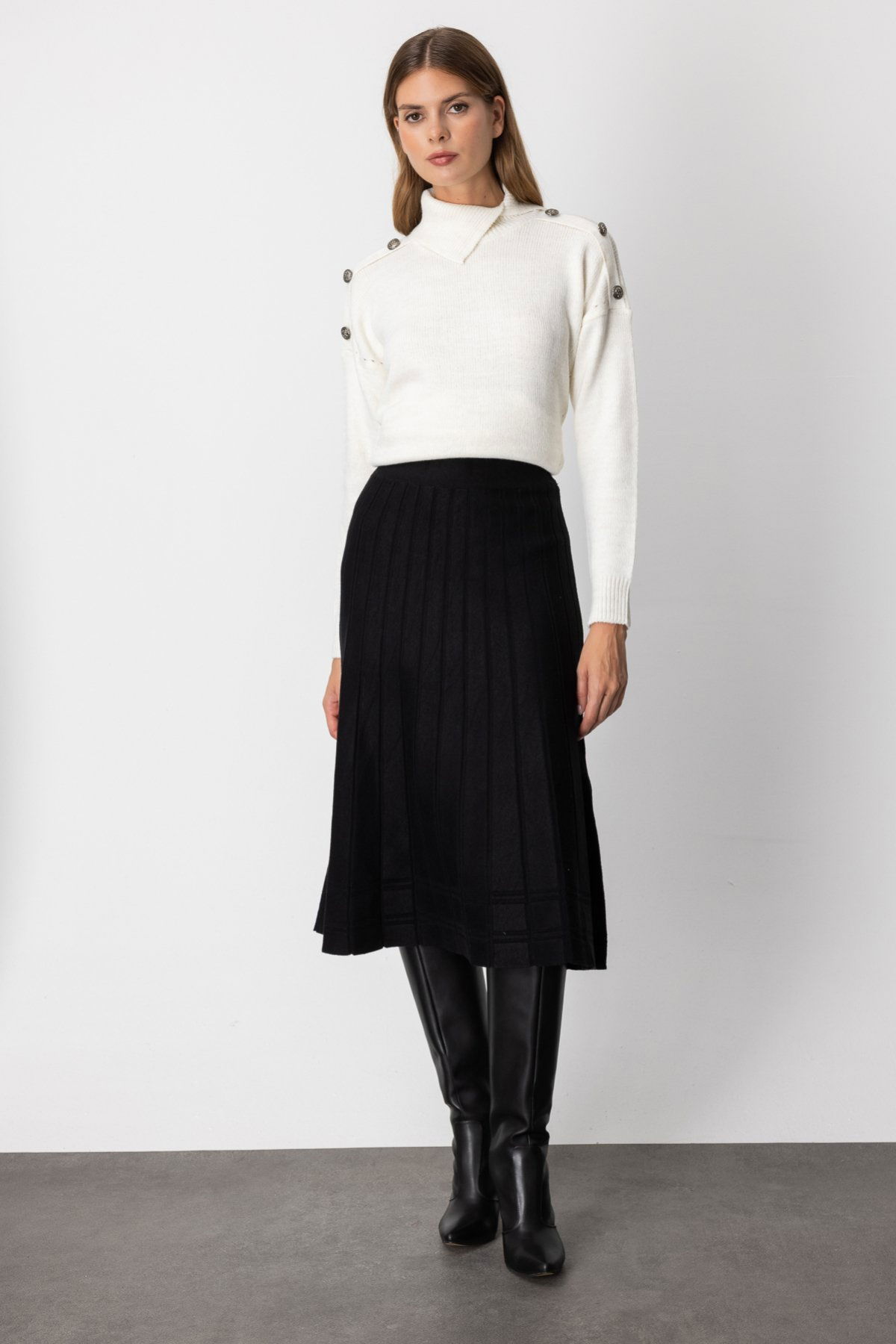 On Kadın Pileli Midi Boy Triko Etek 60201 Siyah - 2