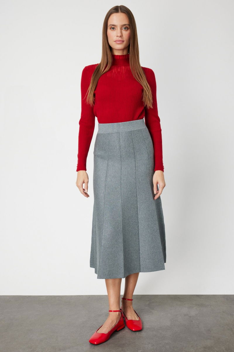 On Kadın Pileli Midi Triko Etek 65210 Gri - On